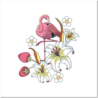 Tropical Flamingo and Flowers Posters and Art